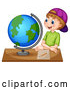 Vector of White School Boy Sitting at a Desk and Looking at a Globe by