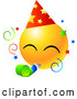 Vector of Yellow Emoticon Face Wearing a Party Hat and Blowing on a Noise Maker at a Party by Tonis Pan